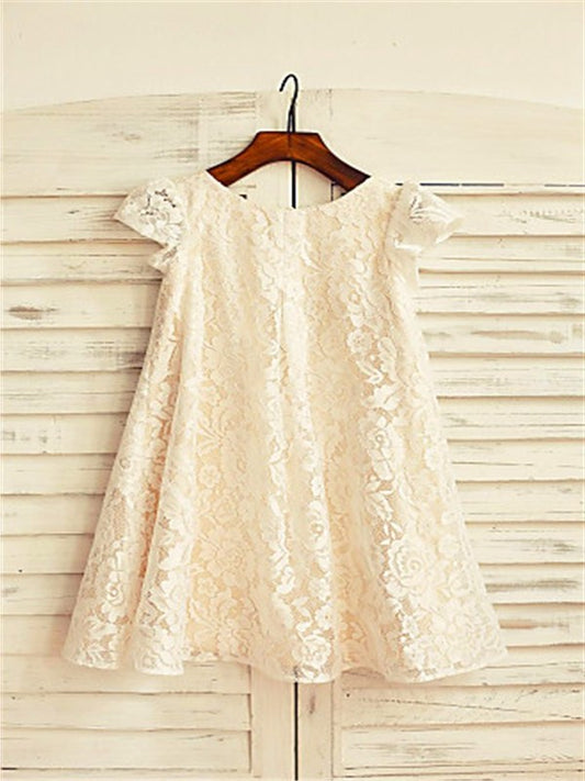 A-line/Princess Scoop Short Sleeves Tea-Length Lace Flower Girl Dresses DEP0007725