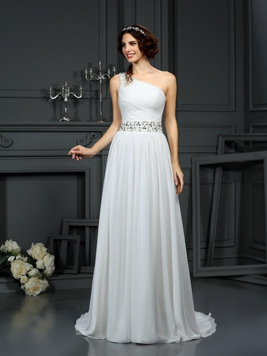 A-Line/Princess One-Shoulder Beading Sleeveless Long Chiffon Wedding Dresses DEP0006706