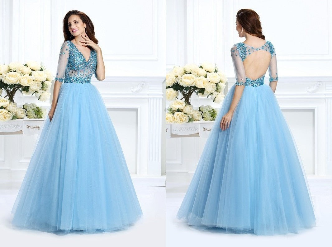 Ball Gown V-neck Beading 1/2 Sleeves Long Satin Quinceanera Dresses DEP0003284