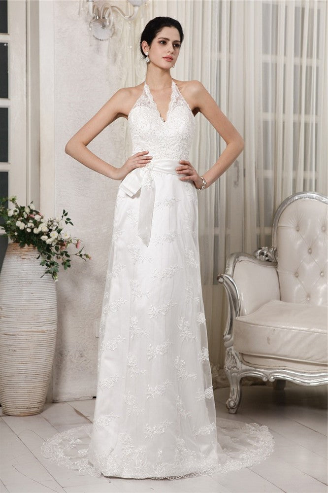 Sheath/Column V-neck Sleeveless Lace Applique Long Net Wedding Dresses DEP0006973