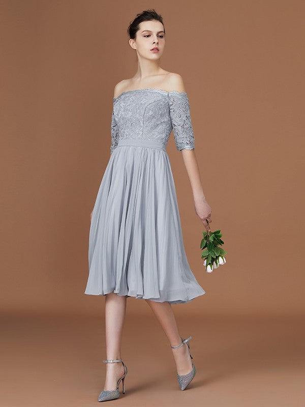 A-Line/Princess Off-the-Shoulder Short Sleeves Lace Tea-Length Chiffon Bridesmaid Dress DEP0005561