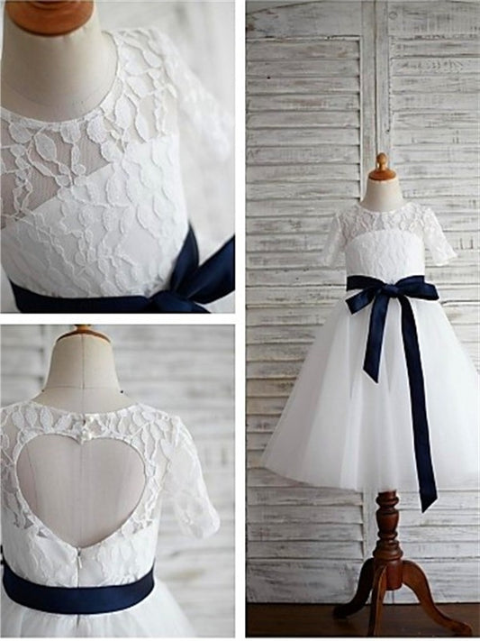 A-line/Princess Scoop 1/2 Sleeves Sash/Ribbon/Belt Tea-Length Tulle Flower Girl Dresses DEP0007629