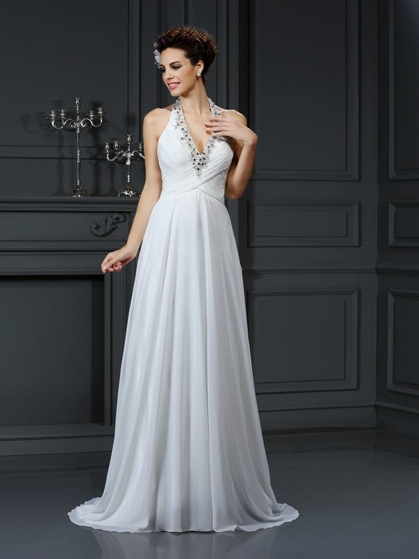 A-Line/Princess Halter Beading Sleeveless Long Chiffon Wedding Dresses DEP0006421