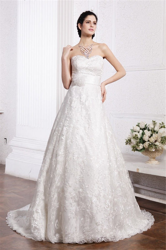 A-Line/Princess Sweetheart Sleeveless Sash Long Lace Wedding Dresses DEP0006928