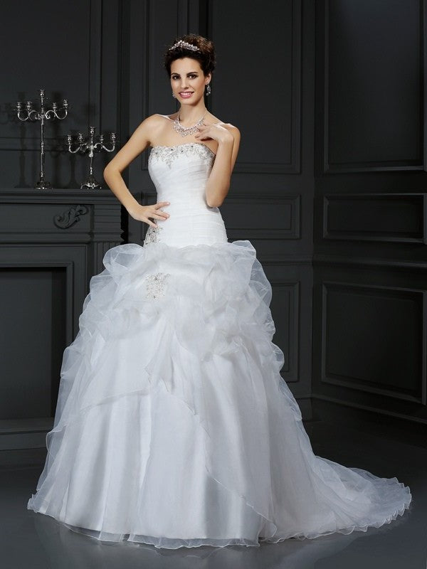 Ball Gown Strapless Beading Sleeveless Long Organza Wedding Dresses DEP0006932