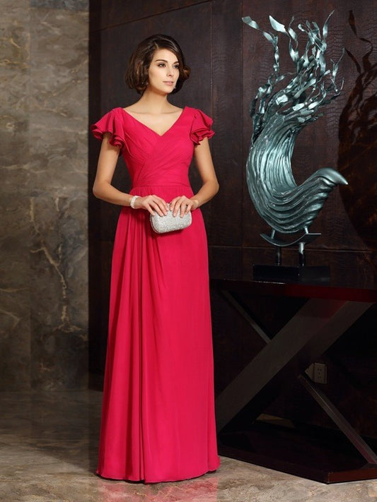 A-Line/Princess V-neck Ruched Short Sleeves Long Chiffon Mother of the Bride Dresses DEP0007254