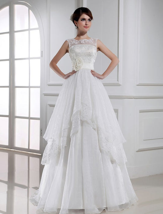 A-Line/Princess Beading Sleeveless Long Lace Organza Wedding Dresses DEP0006916
