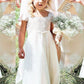 A-line/Princess Square Short Sleeves Lace Floor-Length Chiffon Flower Girl Dresses DEP0007564