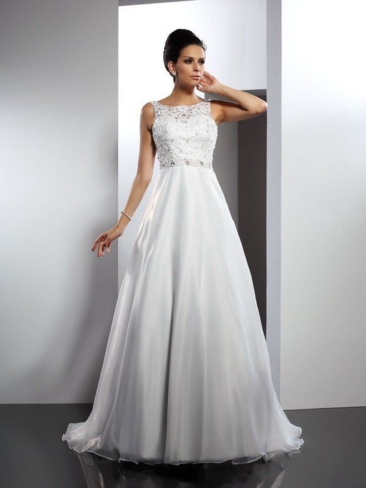A-Line/Princess Scoop Ruffles Sleeveless Long Satin Wedding Dresses DEP0006433