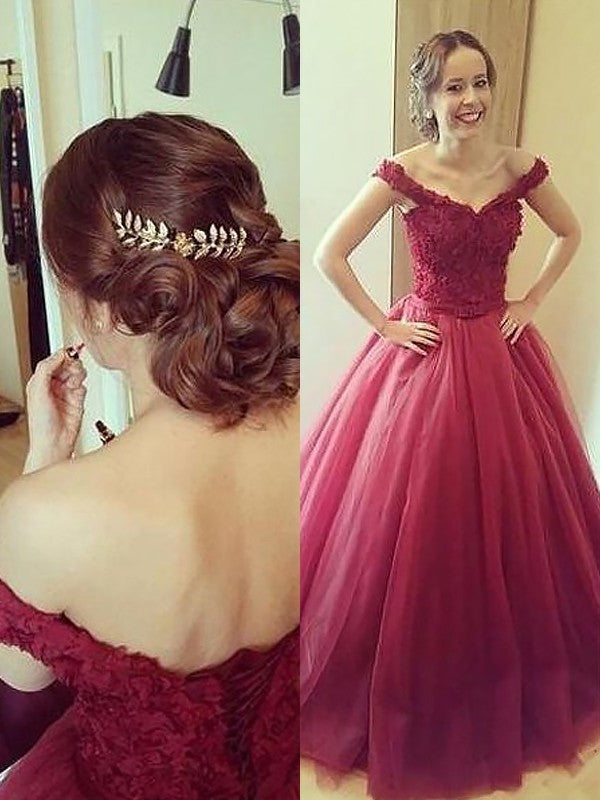 Ball Gown Off-the-Shoulder Applique Sleeveless Floor-Length Tulle Dresses DEP0002121