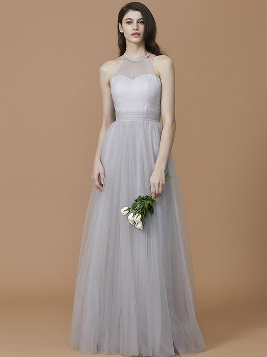 A-Line/Princess Halter Sleeveless Floor-Length Ruffles Tulle Bridesmaid Dresses DEP0005376
