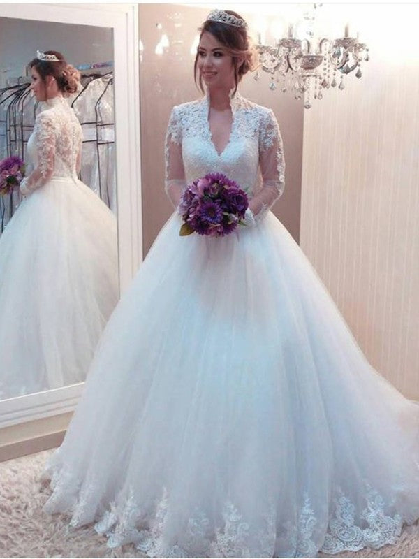 Ball Gown Tulle Applique High Neck Long Sleeves Sweep/Brush Train Wedding Dresses DEP0006757