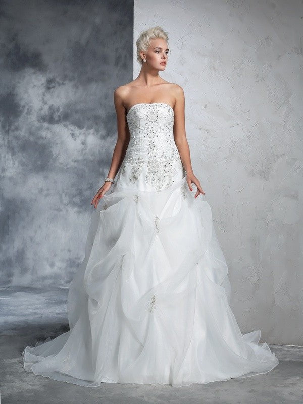 Ball Gown Strapless Beading Sleeveless Long Tulle Wedding Dresses DEP0006666