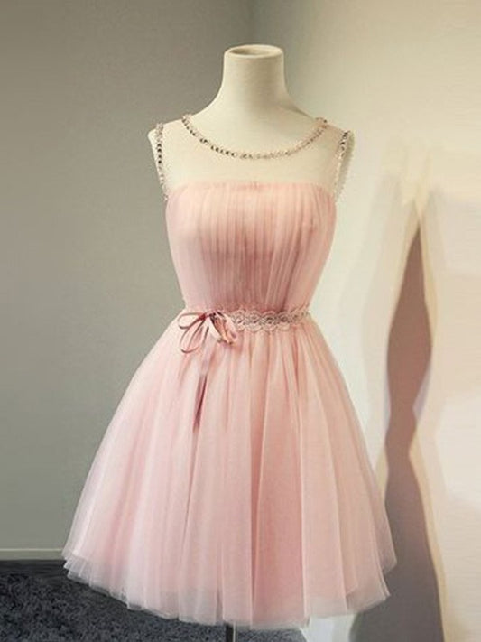 A-Line/Princess Tulle Beading Scoop Sleeveless Short/Mini Homecoming Dresses DEP0004030