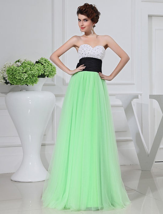 A-Line/Princess Beading Sleeveless Satin Tulle Long Dresses DEP0004525