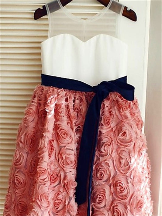 A-line/Princess Scoop Sleeveless Hand-made Flower Tea-Length Lace Flower Girl Dresses DEP0007798