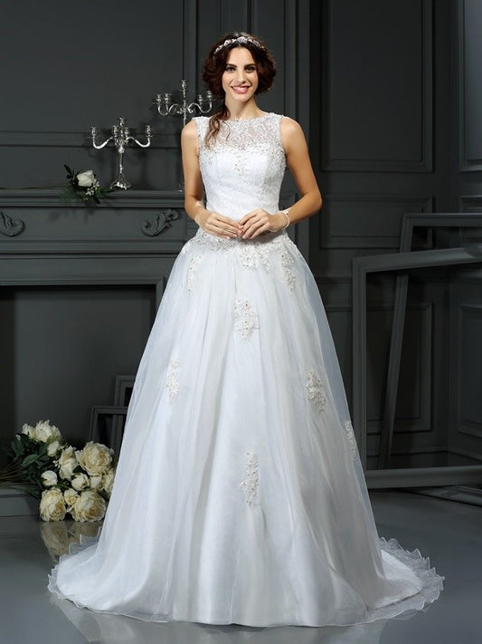 A-Line/Princess Scoop Applique Sleeveless Long Net Wedding Dresses DEP0006739