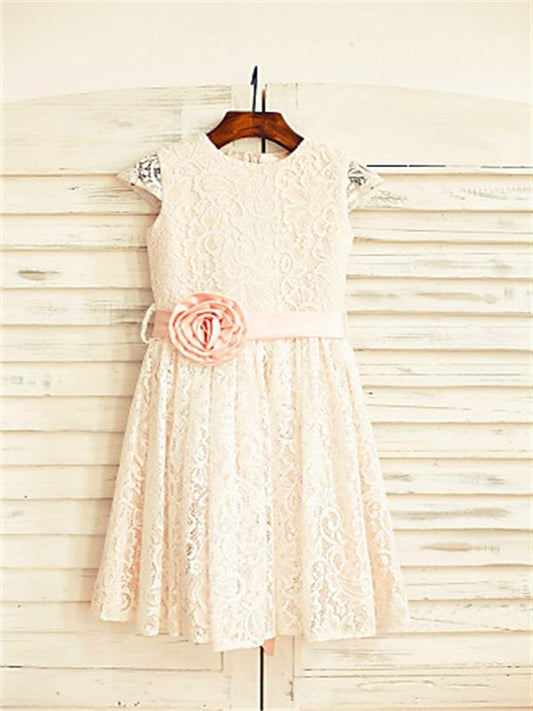 A-line/Princess Scoop Hand-made Flower Short Sleeves Tea-Length Lace Flower Girl Dresses DEP0007819