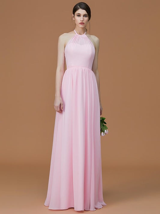A-Line/Princess Halter Sleeveless Floor-Length Ruched Chiffon Bridesmaid Dresses DEP0005663