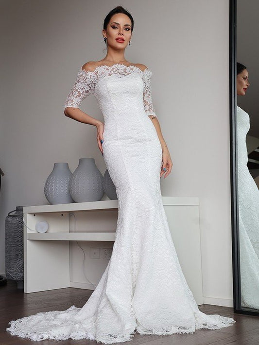 Sheath/Column Lace Ruffles Off-the-Shoulder 1/2 Sleeves Sweep/Brush Train Wedding Dresses DEP0005995
