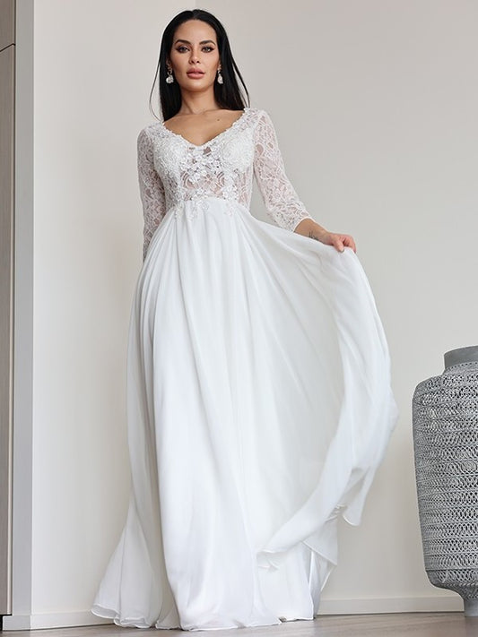 A-Line/Princess Chiffon Lace V-neck 3/4 Sleeves Floor-Length Wedding Dresses DEP0007031