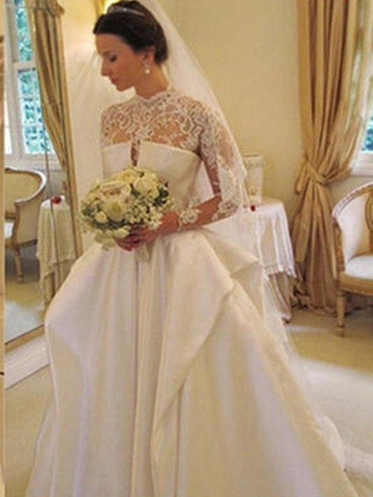 Ball Gown Satin Lace High Neck Long Sleeves Chapel Train Wedding Dresses DEP0006858