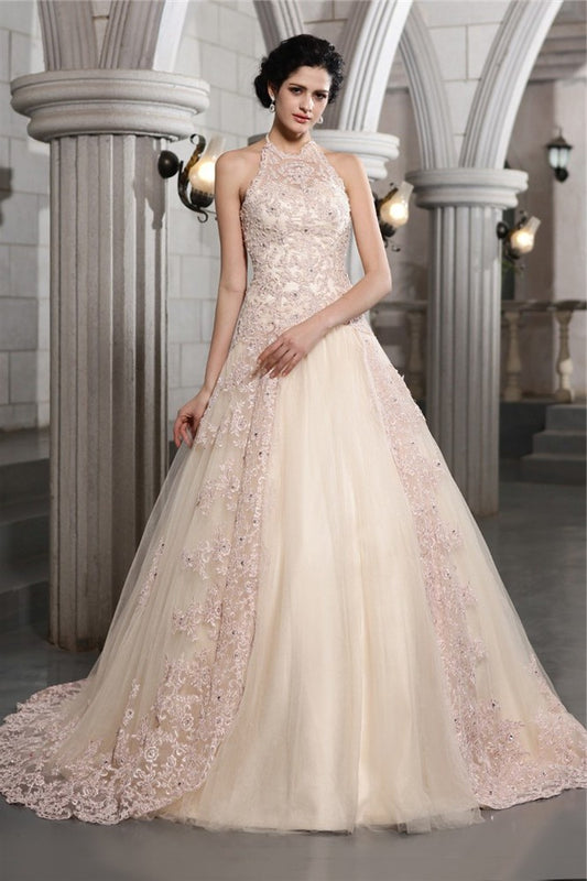 A-Line/Princess High Neck Sleeveless Beading Applique Long Net Wedding Dresses DEP0006620