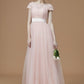 A-Line/Princess Bateau Short Sleeves Floor-Length Sash/Ribbon/Belt Tulle Bridesmaid Dresses DEP0005494