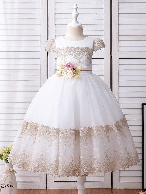 Ball Gown Lace Hand-Made Flower Scoop Short Sleeves Ankle-Length Flower Girl Dresses DEP0007514