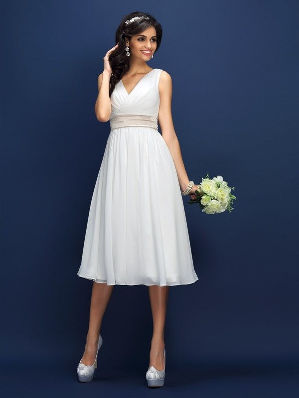 A-Line/Princess V-neck Pleats Sleeveless Short Chiffon Bridesmaid Dresses DEP0005050