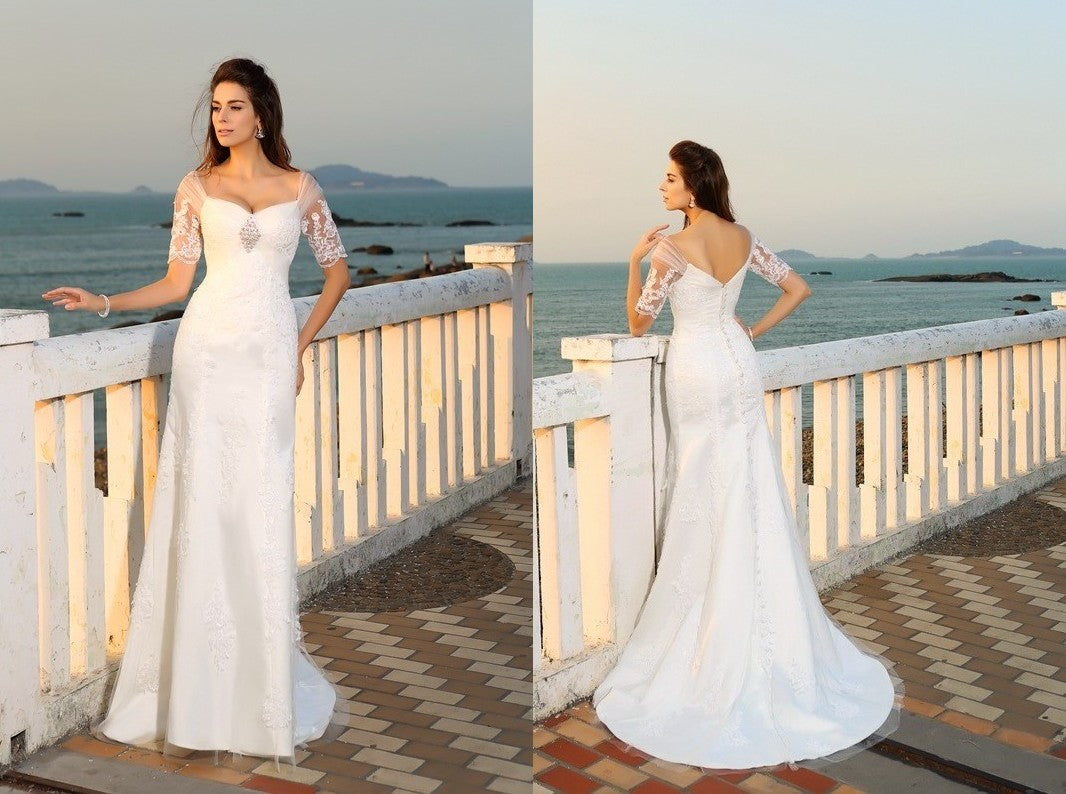 Sheath/Column Sweetheart Applique Short Sleeves Long Satin Beach Wedding Dresses DEP0006235