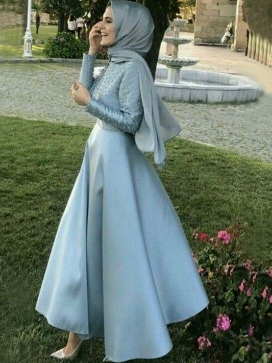 A-Line/Princess Long Sleeves Scoop Floor-Length Beading Satin Muslim Dresses DEP0003343