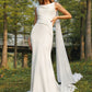 Sheath/Column Satin Ruched Scoop Sleeveless Sweep/Brush Train Wedding Dresses DEP0006592