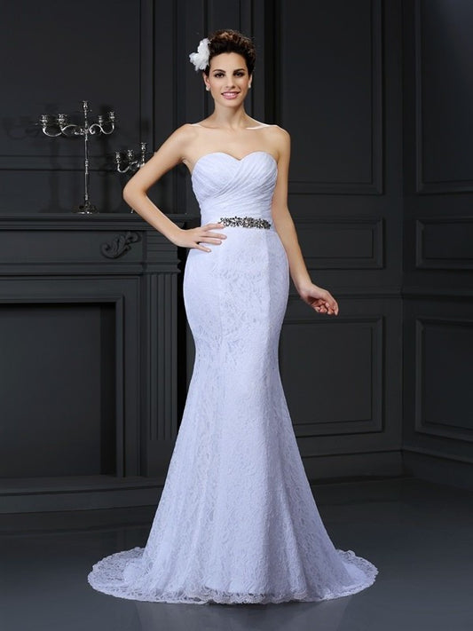 Trumpet/Mermaid Sweetheart Sleeveless Long Lace Wedding Dresses DEP0006624