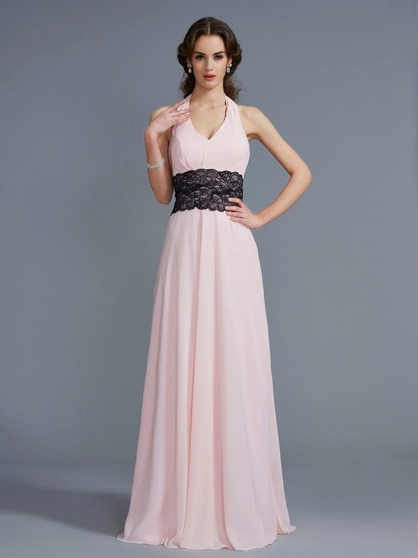 A-Line/Princess Halter Sleeveless Applique Long Chiffon Dresses DEP0003981