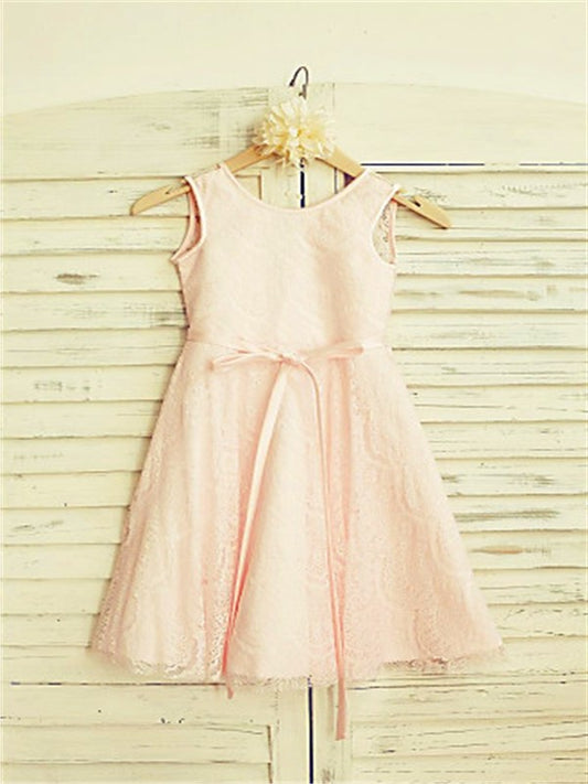 A-line/Princess Scoop Sleeveless Sash/Ribbon/Belt Tea-Length Lace Flower Girl Dresses DEP0007847