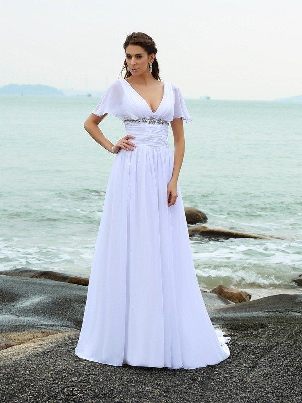 A-Line/Princess V-neck Ruffles Short Sleeves Long Chiffon Beach Wedding Dresses DEP0006230