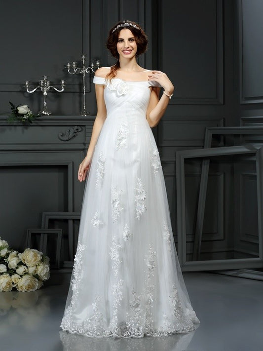 A-Line/Princess Off-the-Shoulder Applique Sleeveless Long Net Wedding Dresses DEP0006661