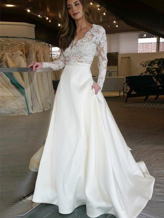 A-Line/Princess Long Sleeves Sweep/Brush Train V-neck Applique Satin Wedding Dresses DEP0005999
