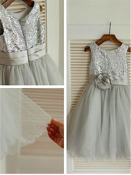 A-line/Princess Scoop Sleeveless Sequin Tea-Length Tulle Flower Girl Dresses DEP0007673