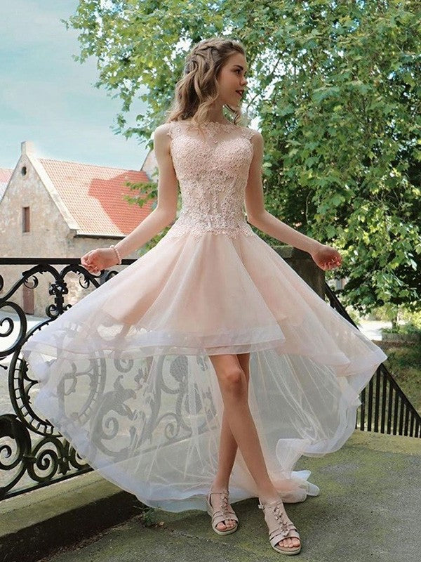 A-Line/Princess Tulle Applique Sheer Neck Sleeveless Asymmetrical Homecoming Dresses DEP0003136