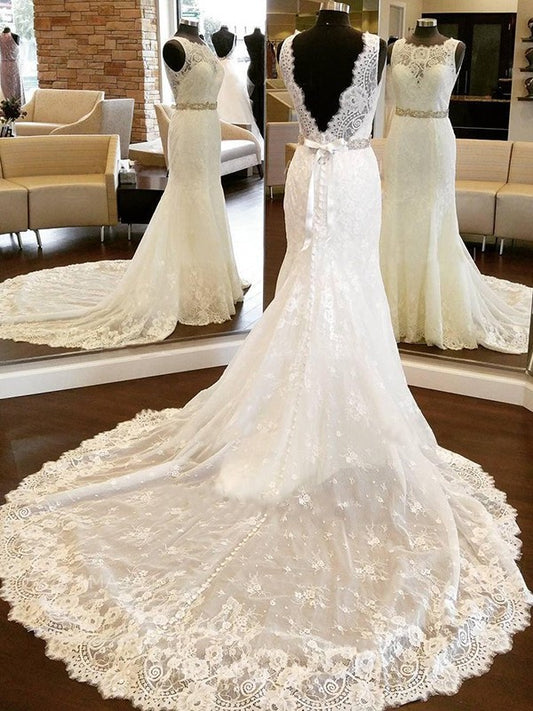 Sheath/Column Lace Scoop Sleeveless Bowknot Chapel Train Wedding Dresses DEP0006399