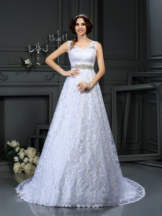 A-Line/Princess V-neck Lace Sleeveless Long Satin Wedding Dresses DEP0006717