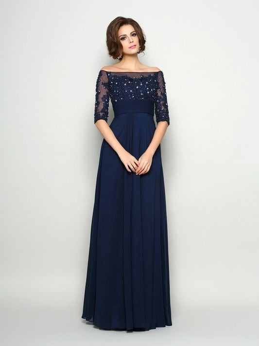 A-Line/Princess Off-the-Shoulder Beading 1/2 Sleeves Long Chiffon Mother of the Bride Dresses DEP0007036