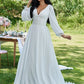 A-Line/Princess Chiffon Ruffles V-neck Long Sleeves Sweep/Brush Train Wedding Dresses DEP0006004