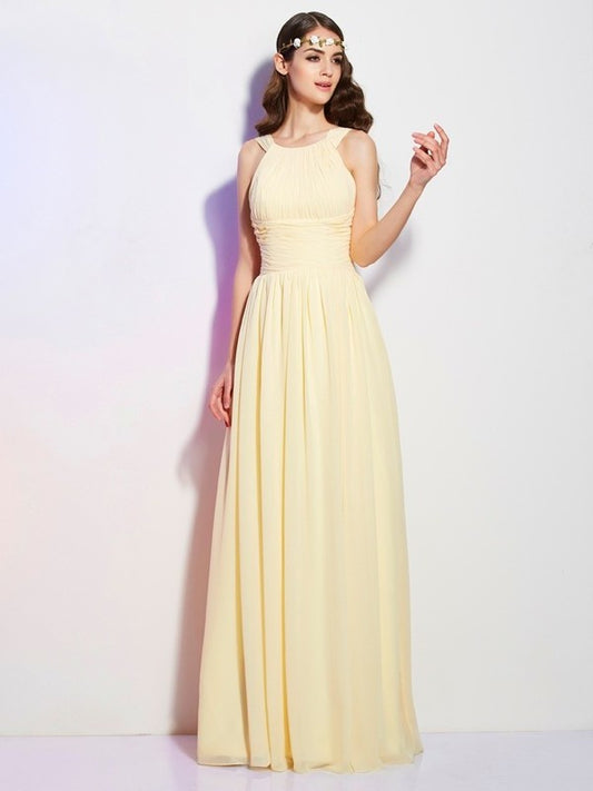 A-Line/Princess Bateau Sleeveless Pleats Long Chiffon Bridesmaid Dresses DEP0005088