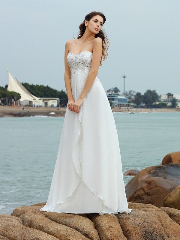 A-Line/Princess Sweetheart Beading Sleeveless Long Chiffon Beach Wedding Dresses DEP0006254