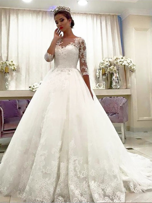 Ball Gown Tulle 3/4 Sleeves Bateau Lace Court Train Wedding Dresses DEP0006114