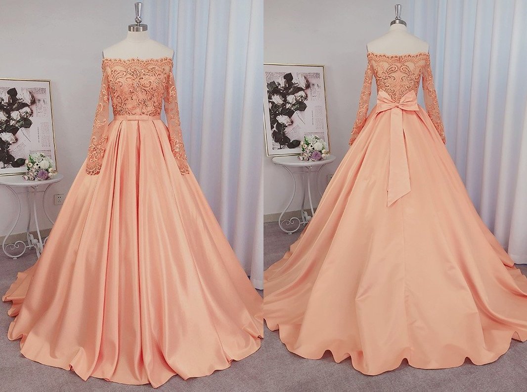 Ball Gown Satin Long Sleeves Beading Off-the-Shoulder Court Train Dresses DEP0001720
