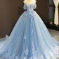 Ball Gown Tulle Off-the-Shoulder Sleeveless Applique Sweep/Brush Train Dresses DEP0001364